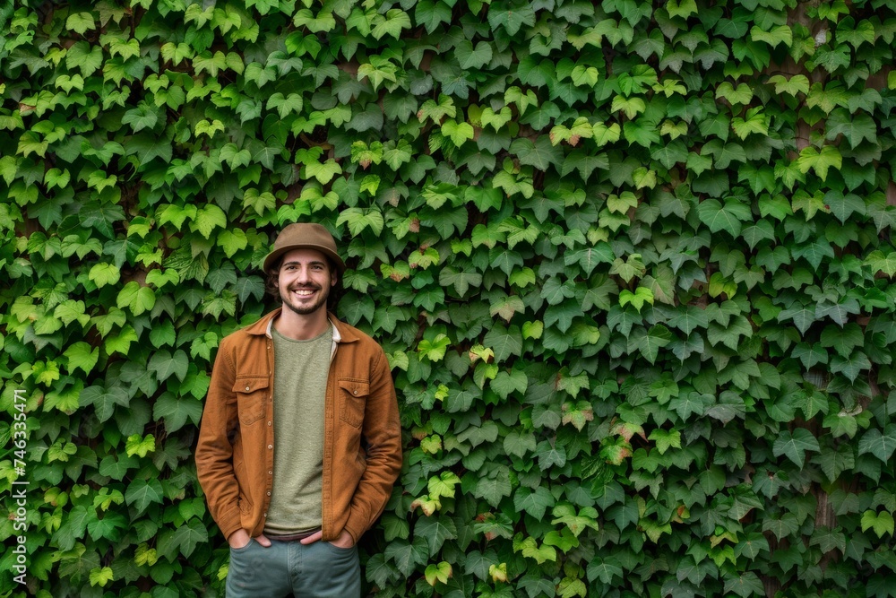 Man Standing Against Green Leaves Living Wall, Happy Man Portrait on Ivy Wall Texture Background