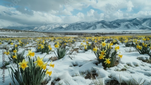 Spring awakening, daffodils amidst melting snow. Yellow daffodils dotting a snowy field with a backdrop of majestic, cloud-shrouded mountains