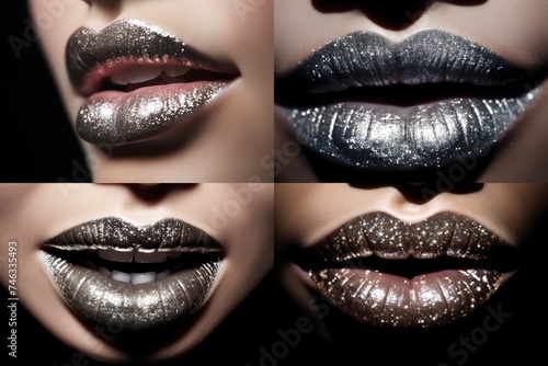 Woman Lips Closeup  Golden Lipstick  Gold Makeup  Beautiful Mouth Make-Up  Model Girl Lip