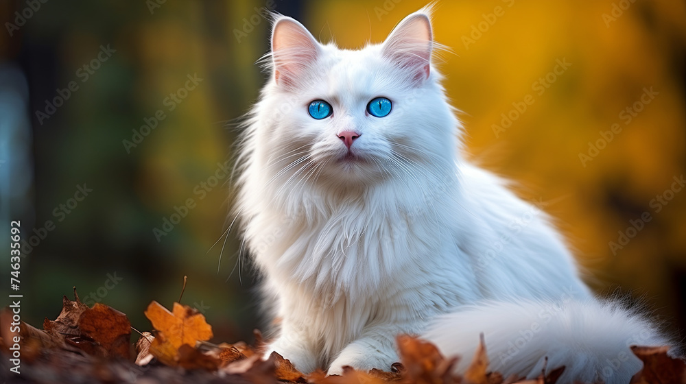 close-up portrait of a white fluffy cat with blue eyes on an autumn defocused background