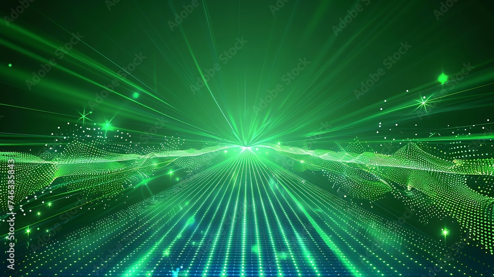 Fototapeta premium Digital technology banner green blue background concept with technology light effect, abstract tech, innovation future data, internet network, Ai big data, lines dots connection. Generative Ai