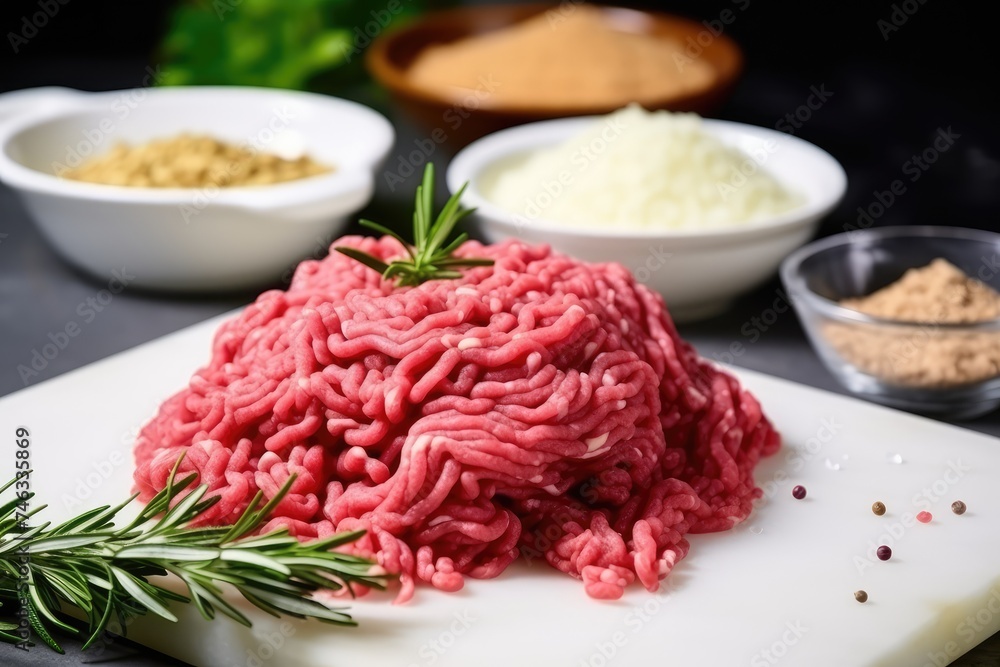 Minced Meat, Onions, Eggs on White Table, Ground Fresh Meat Fillet, Uncooked Red Mincemeat, Raw Veal Minced Meat, Onions, Eggs on White Table, Ground Fresh Meat Fillet, Uncooked Red Mincemeat, Raw Veal