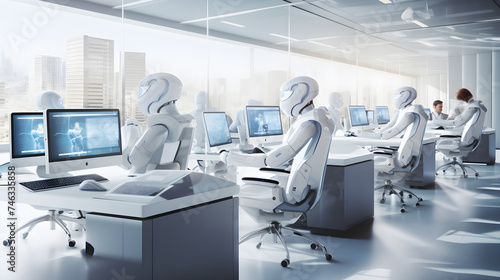 Futuristic Corporate Office: Where A.I. Meets High-End Digital Workstations Against Cityscape