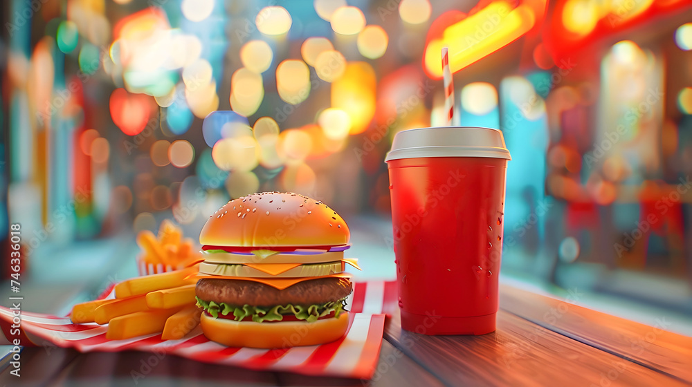 Iconic Fast Food Meal Burger Fries and Soda - obrazy, fototapety, plakaty 