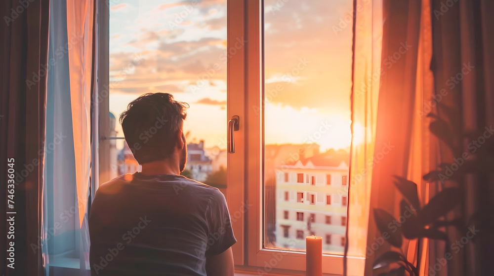 Emotionally Complex Man Contemplating at Sunset from a Hotel Window