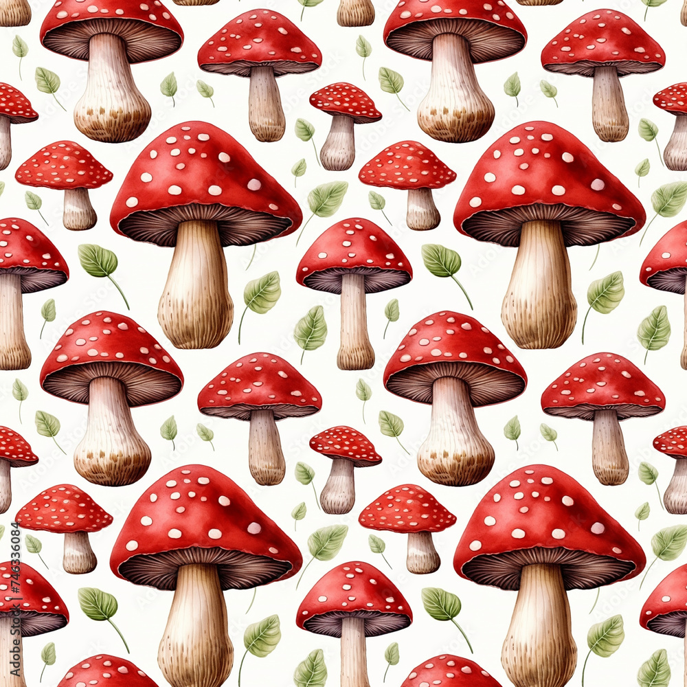 Watercolor Red Mushroom Seamless Pattern, Aquarelle Fly Agaric, Watercolor Wild Fungi Tile