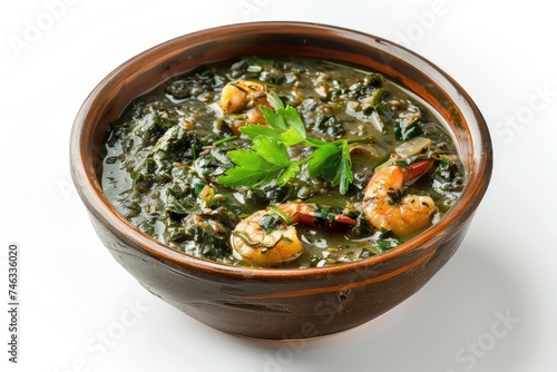 Mulukhiyah Egyptian Dish made from Mulukhiyah Plant Leaves, Cooked with Chicken or Shrimp