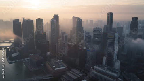Sunrise in a current, modern, contemporary urban city metropolis, with a smog, fog and haze covering the city due to air pollution. Hazy early morning. Aerial drone shot, birds eye view