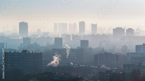 Sunrise in a current  modern  contemporary urban city metropolis  with a thick smog  fog and haze covering the city due to air pollution. Hazy early morning after sunrise