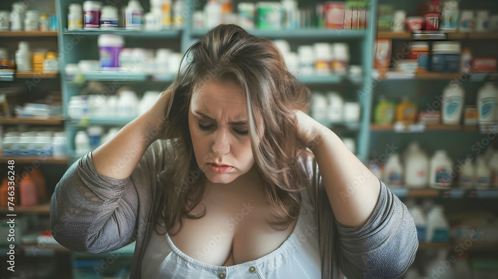 Woman in Distress Shopping for Medication at Drugstore