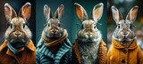 Portrait of set 4 A gray Scottish rabbit wearing beautiful glasses close-up, Easter day concept.
