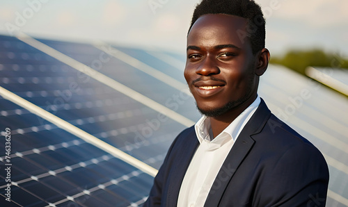 Portrait of young black African businessman and sustainable business entrepreneur staring at the camera with solar farm and solar panels in background. Isolated shot with bokeh, sunny, bright, outside © Goodwave Studio