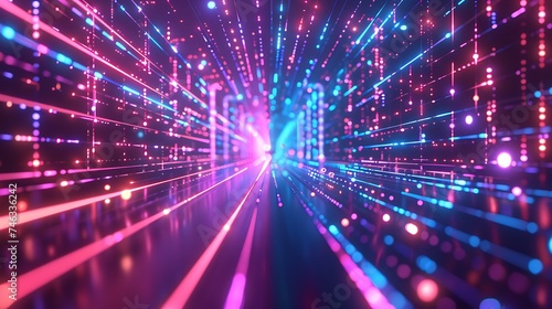 Digital technology metaverse neon blue pink background, cyber information, abstract speed connect communication, innovation future meta tech, internet network connection, Ai big data. Generative Ai