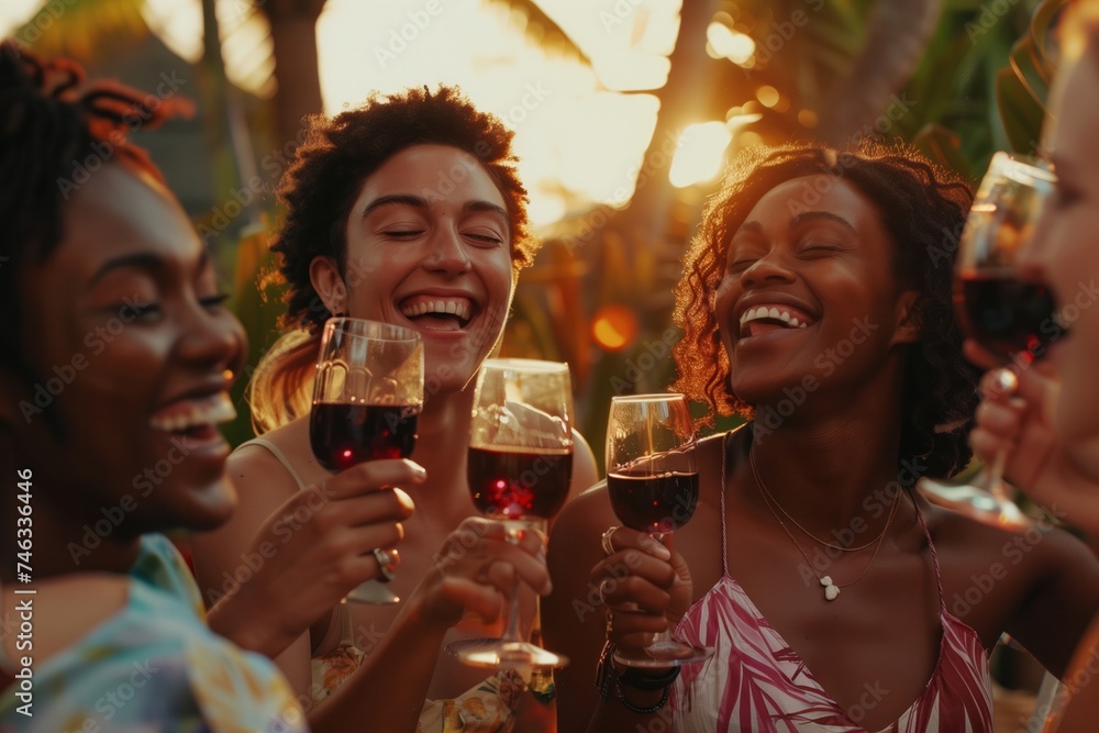 Group of happy African women toasting with red wine glasses at sunset, outdoors with palm trees Group of happy African women toasting with red wine glasses at sunset, outdoors with palm trees