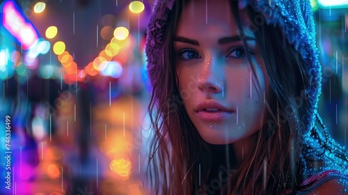 Beautiful young woman is immerse into the vibrant energy of a city night, where neon lights paint the streets with mesmerizing hues. Generative AI.