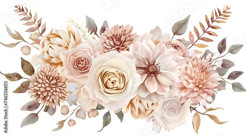 Dusty pink and ivory beige rose, pale hydrangea, peony flower, fern, dahlia, ranunculus, protea, fall leaf bunch of flowers. Floral pastel watercolor style wedding bouquet. Isolated. Generative Ai