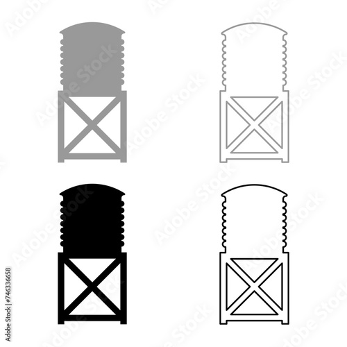 Water tower tank storage industrial construction set icon grey black color vector illustration image solid fill outline contour line thin flat style