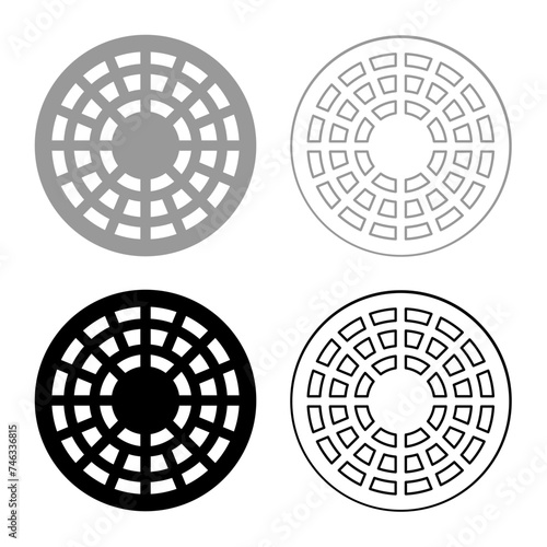 Sewer hatch manhole cover set icon grey black color vector illustration image solid fill outline contour line thin flat style