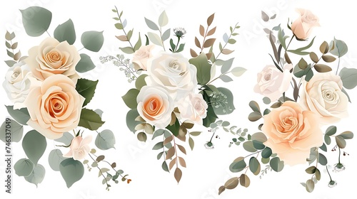 Dusty pink blush, white and creamy rose flowers design wedding bouquets. Eucalyptus, greenery. Floral pastel watercolor style. Blooming spring floral card. Elements are isolated. Generative Ai