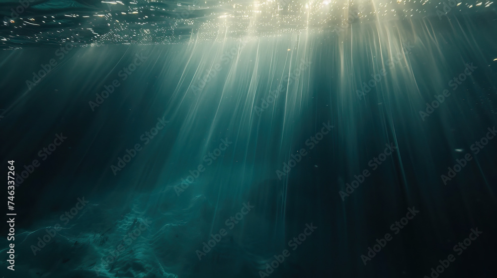 Ocean underwater scene with crepuscular rays, god rays, penetrating the surface of the water and light filtering down into the blue, nature background, texture, template