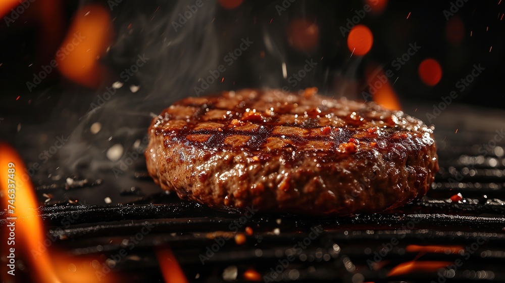 Grilling Process close-ups of the burger patty sizzling on the grill development of a savory crust Grilling Process close-ups of the burger patty sizzling on the grill development of a savory crust