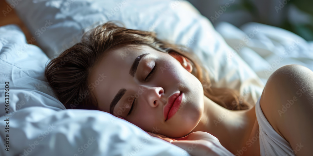 close up sleeping woman female on white pillow in bed eyes closed, concept of peaceful sleep at home ore hotel bedroom close up sleeping woman female on white pillow in bed eyes closed, concept of peaceful sleep at home ore hotel bedroom