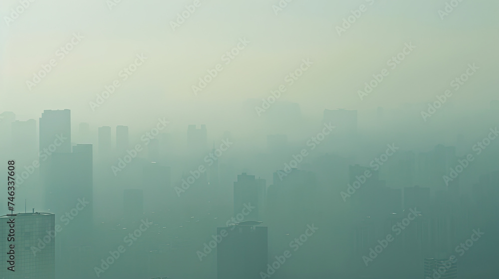 Sunrise in a current, modern, contemporary urban city metropolis, with a thick smog, fog and haze covering the city due to air pollution. Hazy early morning after sunrise