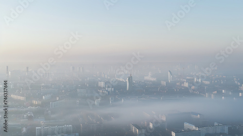 Sunrise in a current, modern, contemporary urban city metropolis, with a thick smog, fog and haze covering the city due to air pollution. Hazy early morning after sunrise
