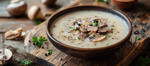 A bowl filled with delicious champignons mushroom soup garnished with fresh parsley, served on a rustic wooden board.