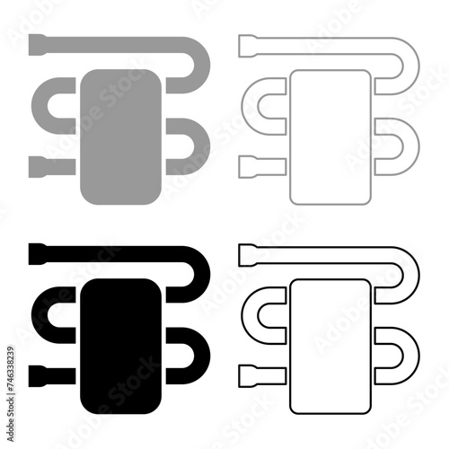 Heated towel rail with towel dryer bathroom equipment set icon grey black color vector illustration image solid fill outline contour line thin flat style