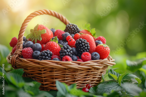 Fresh berry fruits in wicker basket in grass