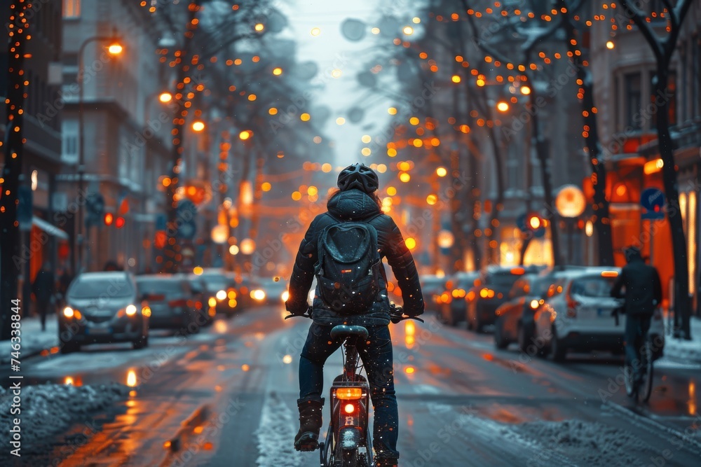 Man Riding Motorcycle Down Snow-Covered Street