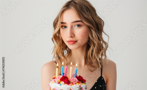 Radiant young girl with a colorful birthday cake lit with candles. Birthdays, beauty, and positive life moments.