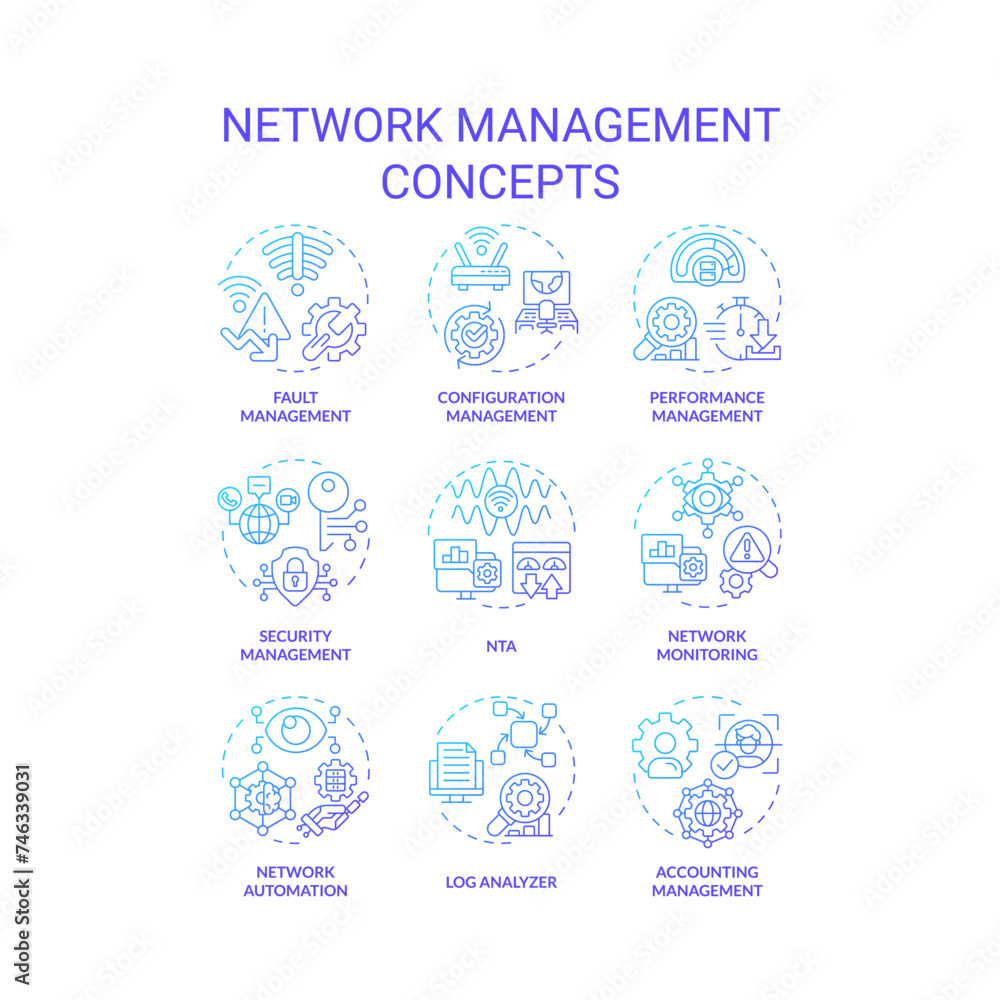 Network management blue gradient concept icons. System architecture, performance monitoring. Network automation, log analyzer. Icon pack. Vector images. Round shape illustrations. Abstract idea