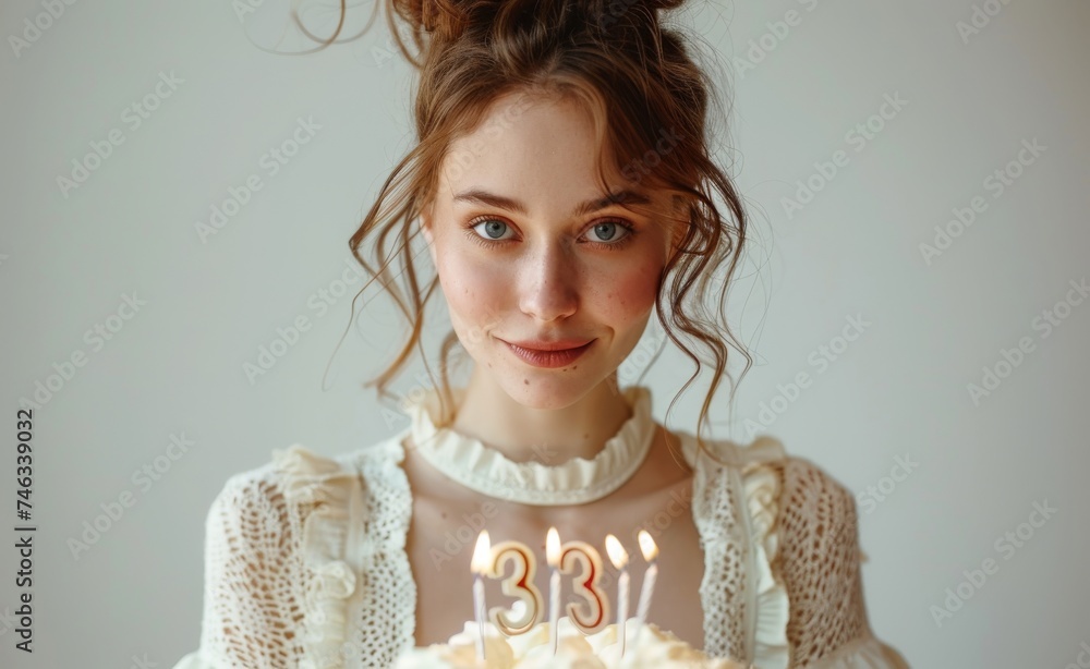 Obraz premium Embracing 33 with grace: Woman celebrating with a charming birthday cake with candles spelling out 