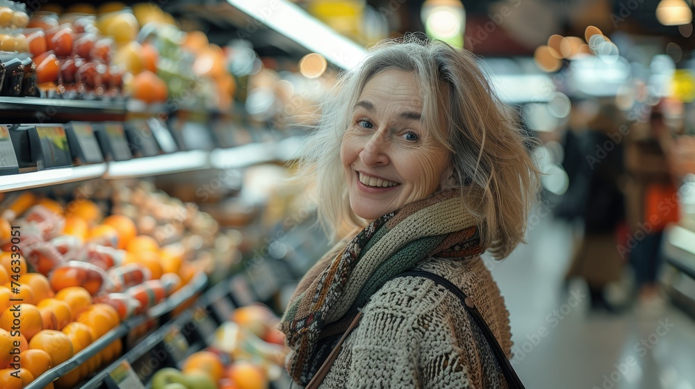 Smiling mature woman shopping for food at a supermarket. Generative AI.