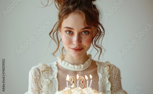 Embracing 33 with grace: Woman celebrating with a charming birthday cake with candles spelling out "33". Celebration and classic elegance, suitable for birthday or lifestyle content.