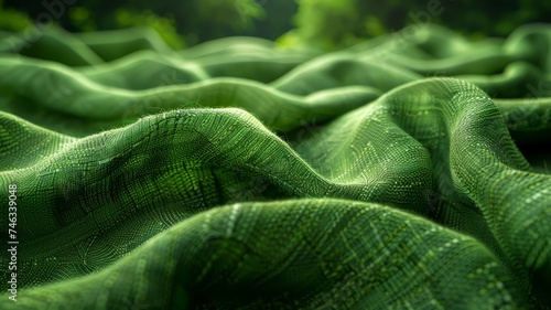 Eco tech fabric made from recycled materials, textile innovation for sustainability. wavy green fabric background