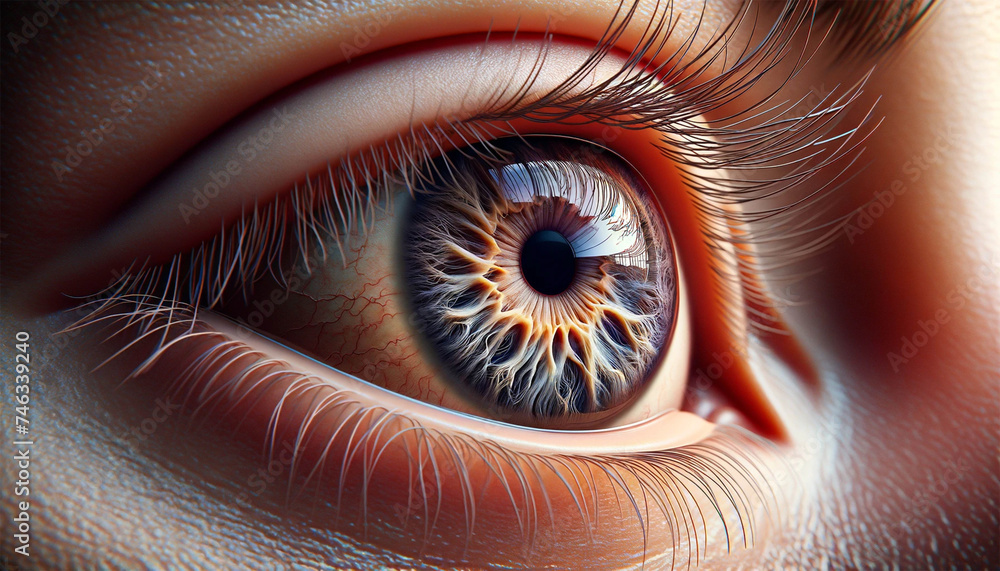 A side view of the human eye, emphasizing high detail and accuracy. The image conveys the complexity of the structure of the eye, including the shadows of the eyelashes on the skin, the texture of the - obrazy, fototapety, plakaty 