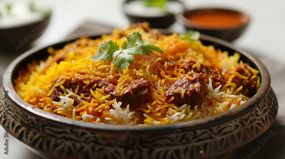 Delicious Indian Lamb Biryani with Raita on White Delicious Indian Lamb Biryani with Raita on White