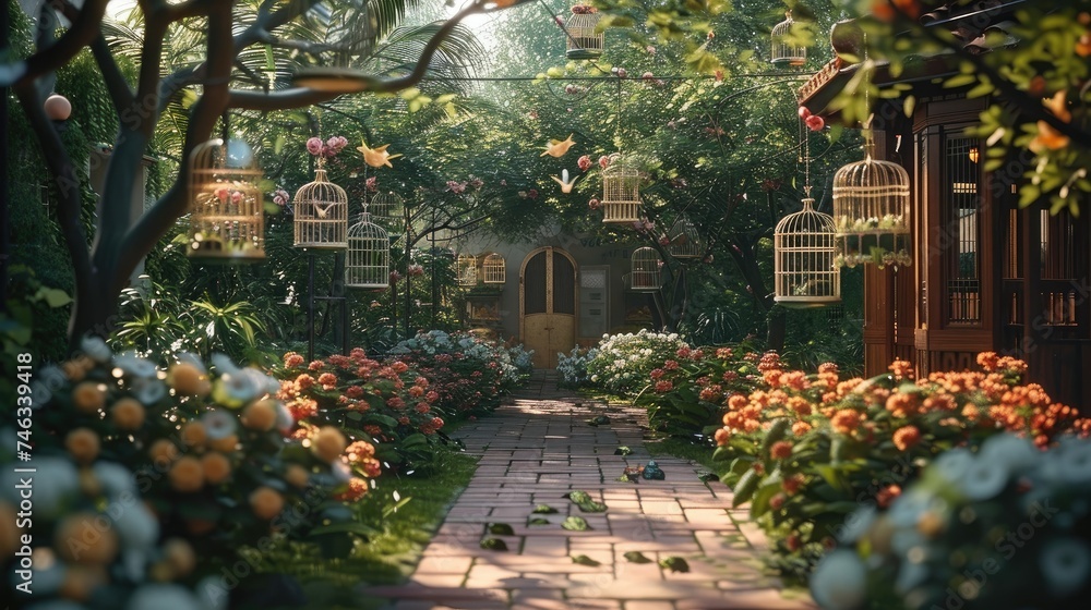 The garden of a retirement community is surrounded by beautiful flowers and plants. There are many trees with various birdcages hanging on the trees. Generative AI. - obrazy, fototapety, plakaty 