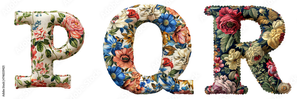 Floral Pattern Fabric Letters: P, Q, R Isolated on Transparent or White Background, PNG