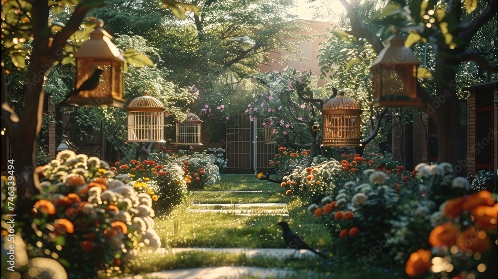 The garden of a retirement community is surrounded by beautiful flowers and plants. There are many trees with various birdcages hanging on the trees. Generative AI.