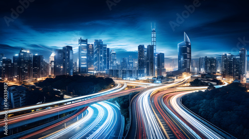 Intensive Nightscapes: A Symphonic Symphony of Urban Night Highway Under a Starlit Sky