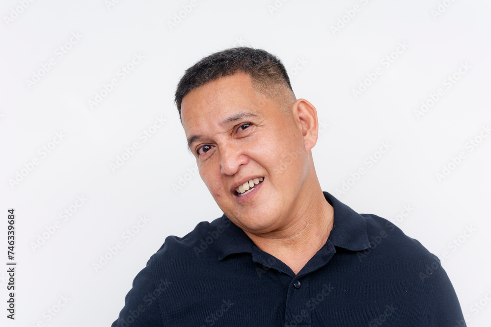Middle-aged Asian man with a leery expression, looking sideways. Isolated on a clean white background. Middle-aged Asian man with a leery expression, looking sideways. Isolated on a clean white background.