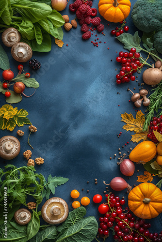 Fall food ingredients on dark blue background, healthy food concept