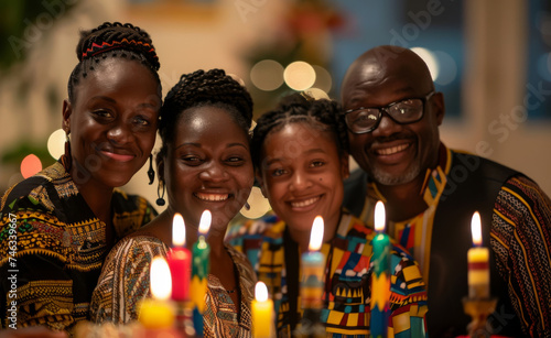African multi-generational family lightning Mishumaa Saba, seven colorful candles for Kwanzaa celebration. Family gatherings, cultural celebrations, generational bonding, and festive traditions. photo