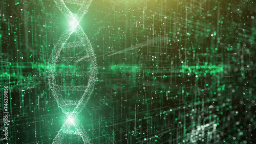 Abstract dna double helix structure rotation on glowing green illustration background.
