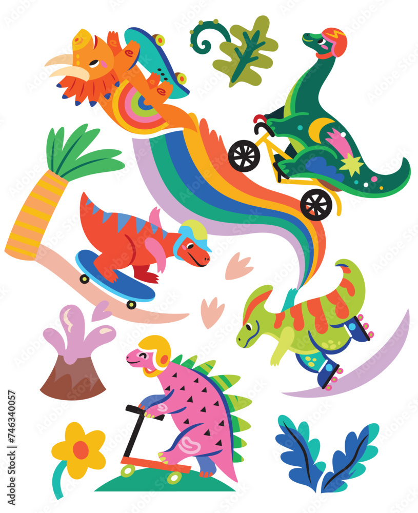 Vibrant skating dinosaurs in the park. Colourful cartoon dinosaurs ride on skates, rollers and bicycle in the park Vibrant skating dinosaurs in the park. Colourful cartoon dinosaurs ride on skates, rollers and bicycle in the park