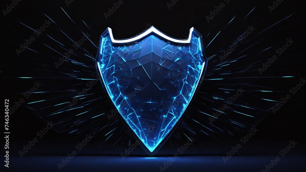 Futuristic 3d security shield made of linear polygons with neon lights on dark blue background. Modern business It, online, cyber safety and protect concept. - obrazy, fototapety, plakaty 